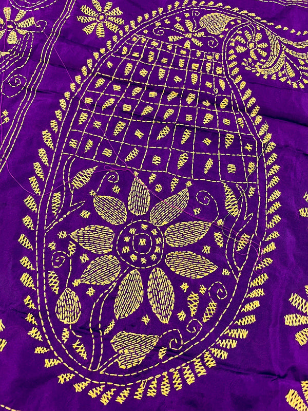 Purple Color Kantha Stitch Saree - Bangalori Silk Saree - Handwoven Kantha Stitch Sarees - Kantha Stitch Silk Saree - Kaash