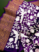 Purple Parsi Gara Crepe Silk saree in pure crepe silk with parsi gara embroidery with banarasi border in antique zari — Kaash Collection