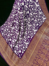 Purple Parsi Gara Crepe Silk saree in pure crepe silk with parsi gara embroidery with banarasi border in antique zari — Kaash Collection