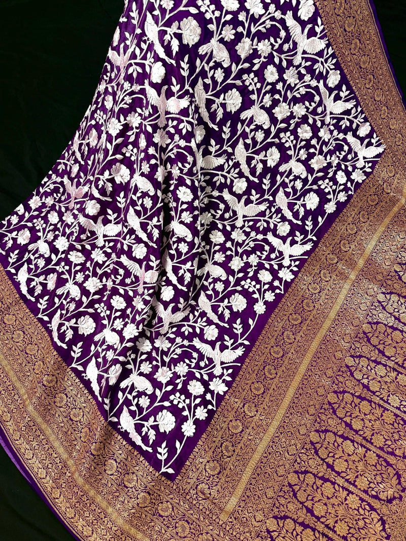 Purple Parsi Gara Crepe Silk saree in pure crepe silk with parsi gara embroidery with banarasi border in antique zari — Kaash Collection