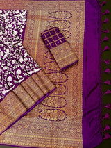 Purple Parsi Gara Crepe Silk saree in pure crepe silk with parsi gara embroidery with banarasi border in antique zari — Kaash Collection
