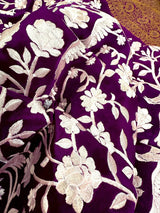 Purple Parsi Gara Crepe Silk saree in pure crepe silk with parsi gara embroidery with banarasi border in antique zari — Kaash Collection