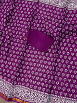 Purple Hand-Block Pure Cotton saree in pure cotton with hand-block prints with zari borders — Kaash Collection