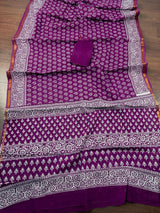 Purple Hand-Block Pure Cotton saree in pure cotton with hand-block prints with zari borders — Kaash Collection
