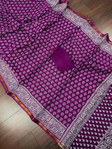 Purple Hand-Block Pure Cotton saree in pure cotton with hand-block prints with zari borders — Kaash Collection