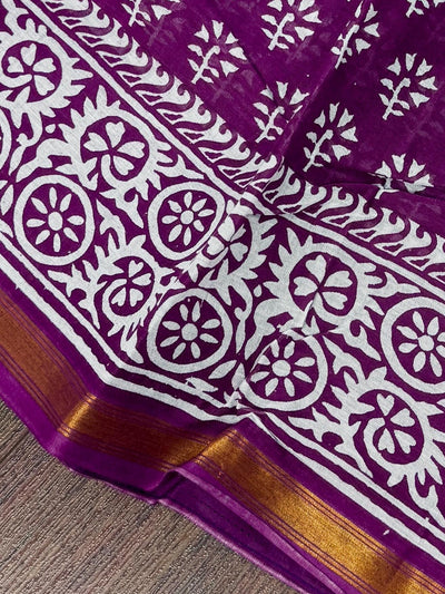 Purple Hand-Block Pure Cotton saree in pure cotton with hand-block prints with zari borders — Kaash Collection