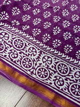 Purple Hand-Block Pure Cotton saree in pure cotton with hand-block prints with zari borders — Kaash Collection