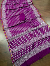 Purple Hand-Block Pure Cotton saree in pure cotton with hand-block prints with zari borders — Kaash Collection