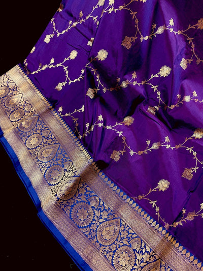 Purple Blue Banarasi saree in pure katan with kadhua weave with half-and-half design — Kaash Collection