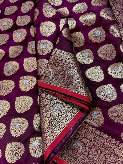 Purple Color Semi Crushed Banarasi Silk Handloom Saree - Kaash