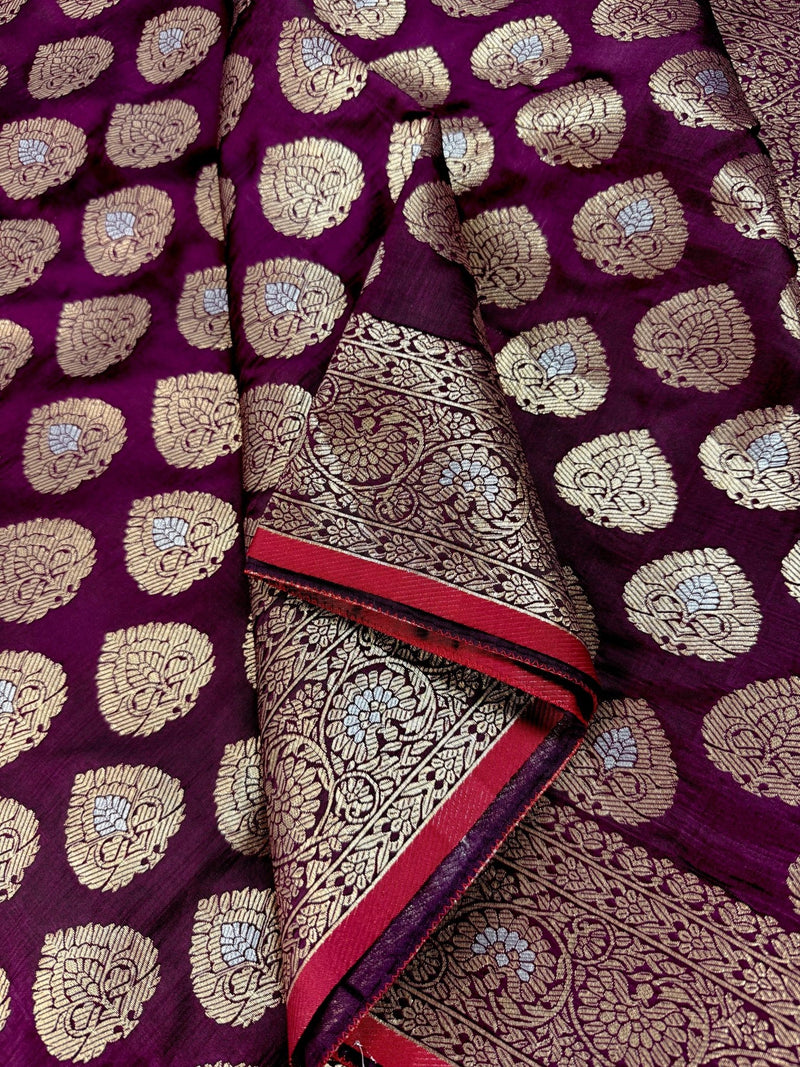Purple Color Semi Crushed Banarasi Silk Handloom Saree - Kaash