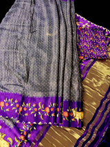 Greyish Purple Pure Gajji Silk Bandhani saree in pure gajji silk with bandhani with pichwai prints & tissue pallu — Kaash Collection