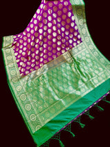 Purple Green Banarasi Traditional Handloom Saree, Zari Weave, Grand Pallu - Kaash