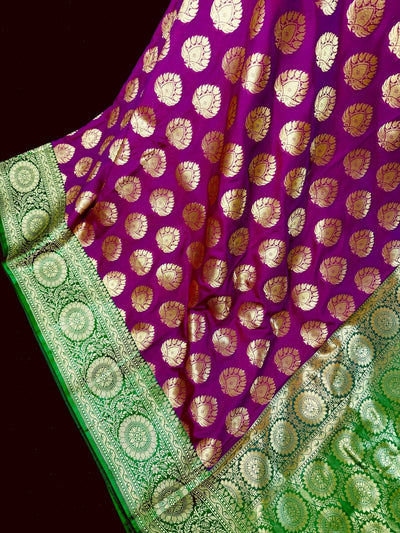 Purple Green Banarasi Traditional Handloom Saree, Zari Weave, Grand Pallu - Kaash