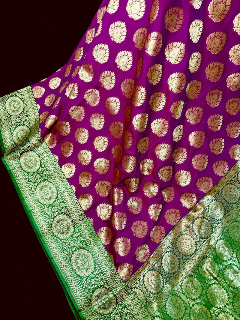 Purple Green Banarasi Traditional Handloom Saree, Zari Weave, Grand Pallu - Kaash