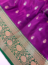 Silk Mark Certified Purple with Green Border saree in pure katan silk with contrasting green border & pallu — Kaash Collection