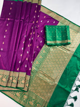 Silk Mark Certified Purple with Green Border saree in pure katan silk with contrasting green border & pallu — Kaash Collection