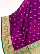 Silk Mark Certified Purple with Green Border saree in pure katan silk with contrasting green border & pallu — Kaash Collection