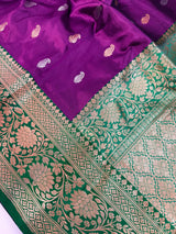 Silk Mark Certified Purple with Green Border saree in pure katan silk with contrasting green border & pallu — Kaash Collection