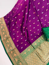 Silk Mark Certified Purple with Green Border saree in pure katan silk with contrasting green border & pallu — Kaash Collection