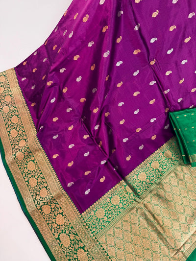 Silk Mark Certified Purple with Green Border saree in pure katan silk with contrasting green border & pallu — Kaash Collection