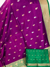 Silk Mark Certified Purple with Green Border saree in pure katan silk with contrasting green border & pallu — Kaash Collection
