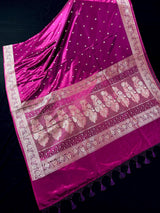 Purple Banarasi saree in handloom banarasi mashru saree with muted gold zari weaving on mashru handloom — Kaash Collection