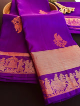 Purple pure kanjivaram silk saree with copper zari with baraat scene border — Kaash Collection