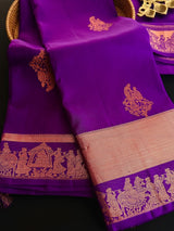 Purple pure kanjivaram silk saree with copper zari with baraat scene border — Kaash Collection