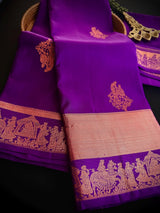 Purple pure kanjivaram silk saree with copper zari with baraat scene border — Kaash Collection