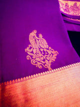 Purple pure kanjivaram silk saree with copper zari with baraat scene border — Kaash Collection