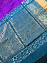 Silk Mark Certified Purple Pure Kanjivaram with Teal Green saree in pure kanjivaram soft silk with butta motifs with contrast teal green pallu — Kaash Collection