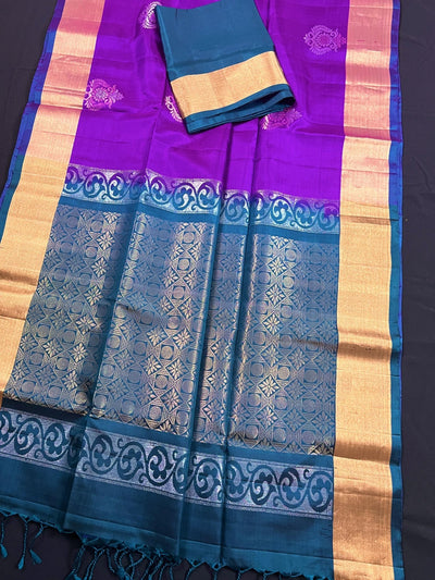 Silk Mark Certified Purple Pure Kanjivaram with Teal Green saree in pure kanjivaram soft silk with butta motifs with contrast teal green pallu — Kaash Collection