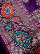 Purple Eggplant Banarasi saree in soft silk with paithani-style borders with muted gold buttis — Kaash Collection