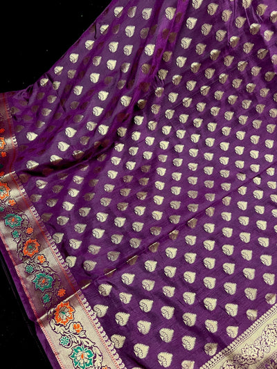 Purple Eggplant Banarasi saree in soft silk with paithani-style borders with muted gold buttis — Kaash Collection