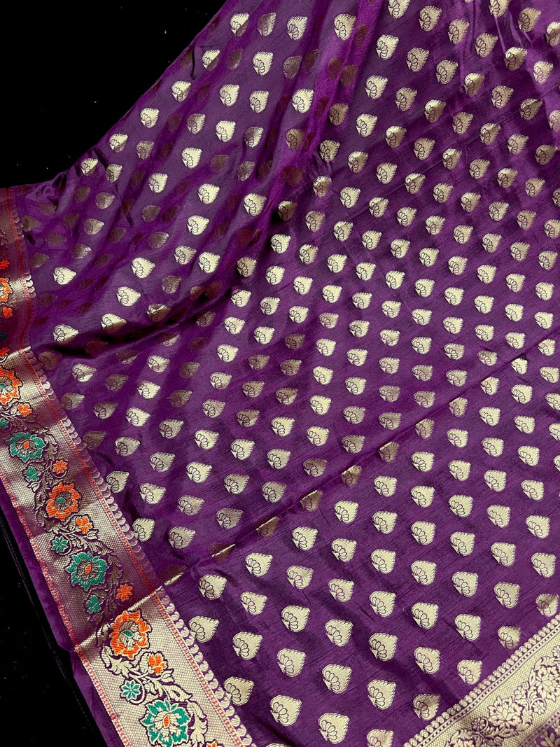 Purple Eggplant Banarasi saree in soft silk with paithani-style borders with muted gold buttis — Kaash Collection