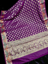 Purple Eggplant Banarasi saree in soft silk with paithani-style borders with muted gold buttis — Kaash Collection