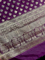 Purple Eggplant Banarasi saree in soft silk with paithani-style borders with muted gold buttis — Kaash Collection