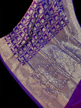 Purple with tint of blue Pure Banarasi Handwoven Katan Silk Saree | Muted Gold & Silver Zari Floral Jaal | Silk Mark Certified - Kaash