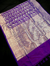 Purple with tint of blue Pure Banarasi Handwoven Katan Silk Saree | Muted Gold & Silver Zari Floral Jaal | Silk Mark Certified - Kaash