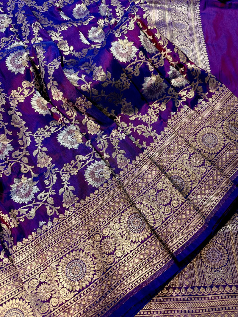 Purple with tint of blue Pure Banarasi Handwoven Katan Silk Saree | Muted Gold & Silver Zari Floral Jaal | Silk Mark Certified - Kaash