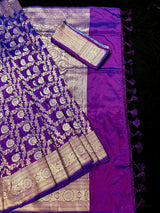 Purple with tint of blue Pure Banarasi Handwoven Katan Silk Saree | Muted Gold & Silver Zari Floral Jaal | Silk Mark Certified - Kaash