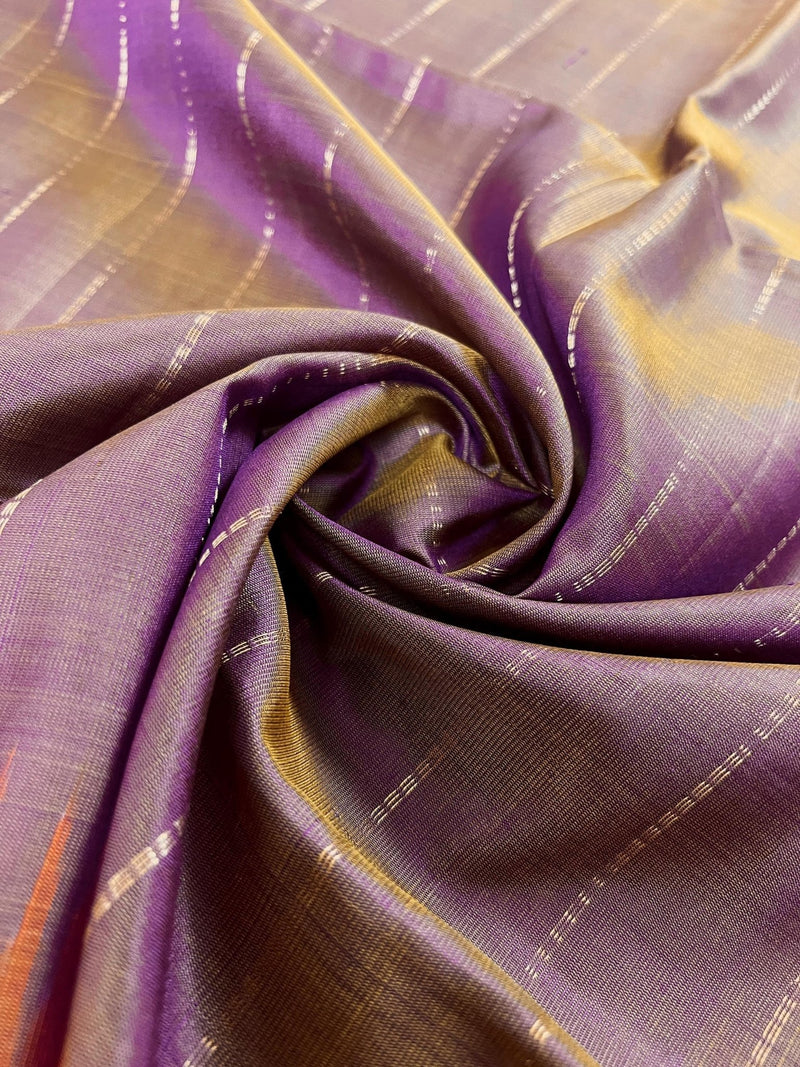 Silk Mark Certified Purple with Yellow Hue Pure Kanjivaram saree in pure kanjivaram soft silk with zari stripes with contrast orange pallu — Kaash Collection