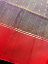 Silk Mark Certified Purple with Yellow Hue Pure Kanjivaram saree in pure kanjivaram soft silk with zari stripes with contrast orange pallu — Kaash Collection