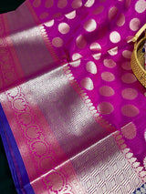Purplish Pink with Blue & Green Pallu Banarasi saree in banarasi soft silk with wide border with blue-green pallu — Kaash Collection