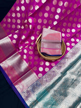 Purplish Pink with Blue & Green Pallu Banarasi saree in banarasi soft silk with wide border with blue-green pallu — Kaash Collection