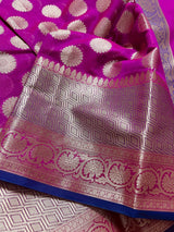 Purplish Pink with Blue & Green Pallu Banarasi saree in banarasi soft silk with wide border with blue-green pallu — Kaash Collection