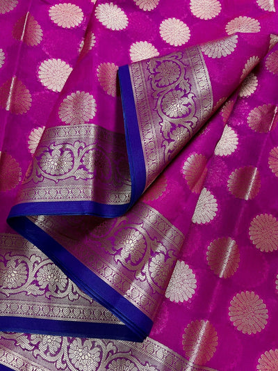 Purplish Pink with Blue & Green Pallu Banarasi saree in banarasi soft silk with wide border with blue-green pallu — Kaash Collection