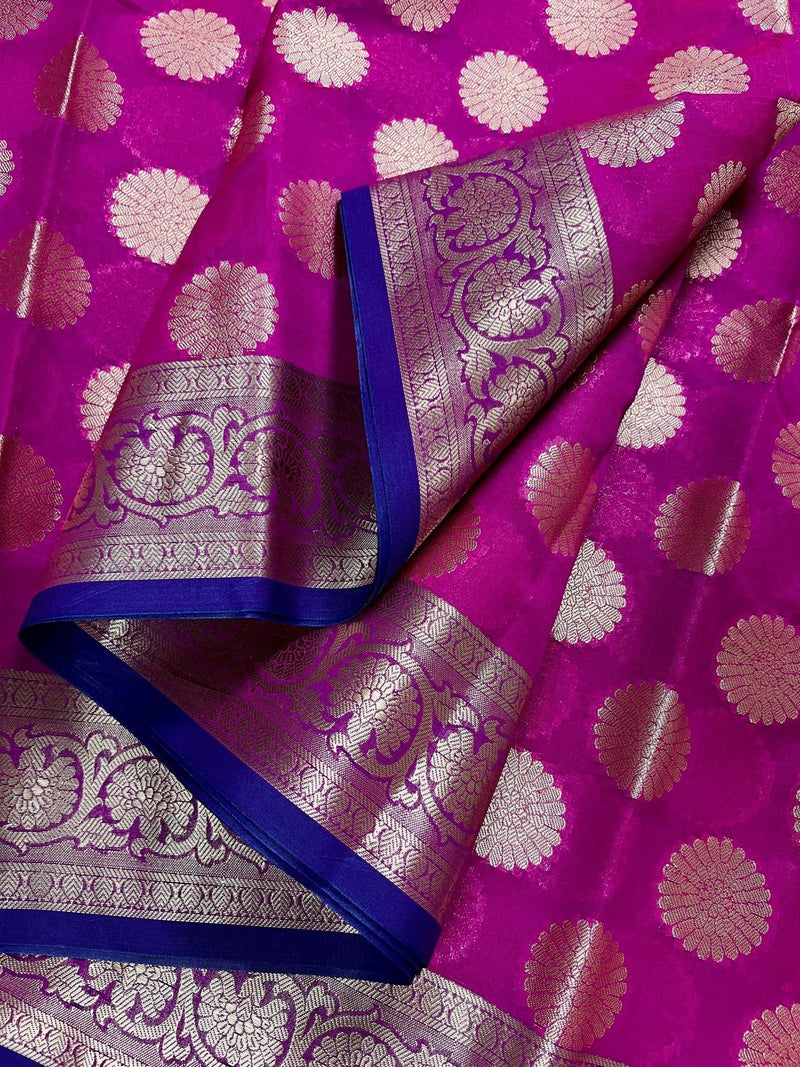 Purplish Pink with Blue & Green Pallu Banarasi saree in banarasi soft silk with wide border with blue-green pallu — Kaash Collection