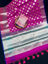 Purplish Pink with Blue & Green Pallu Banarasi saree in banarasi soft silk with wide border with blue-green pallu — Kaash Collection